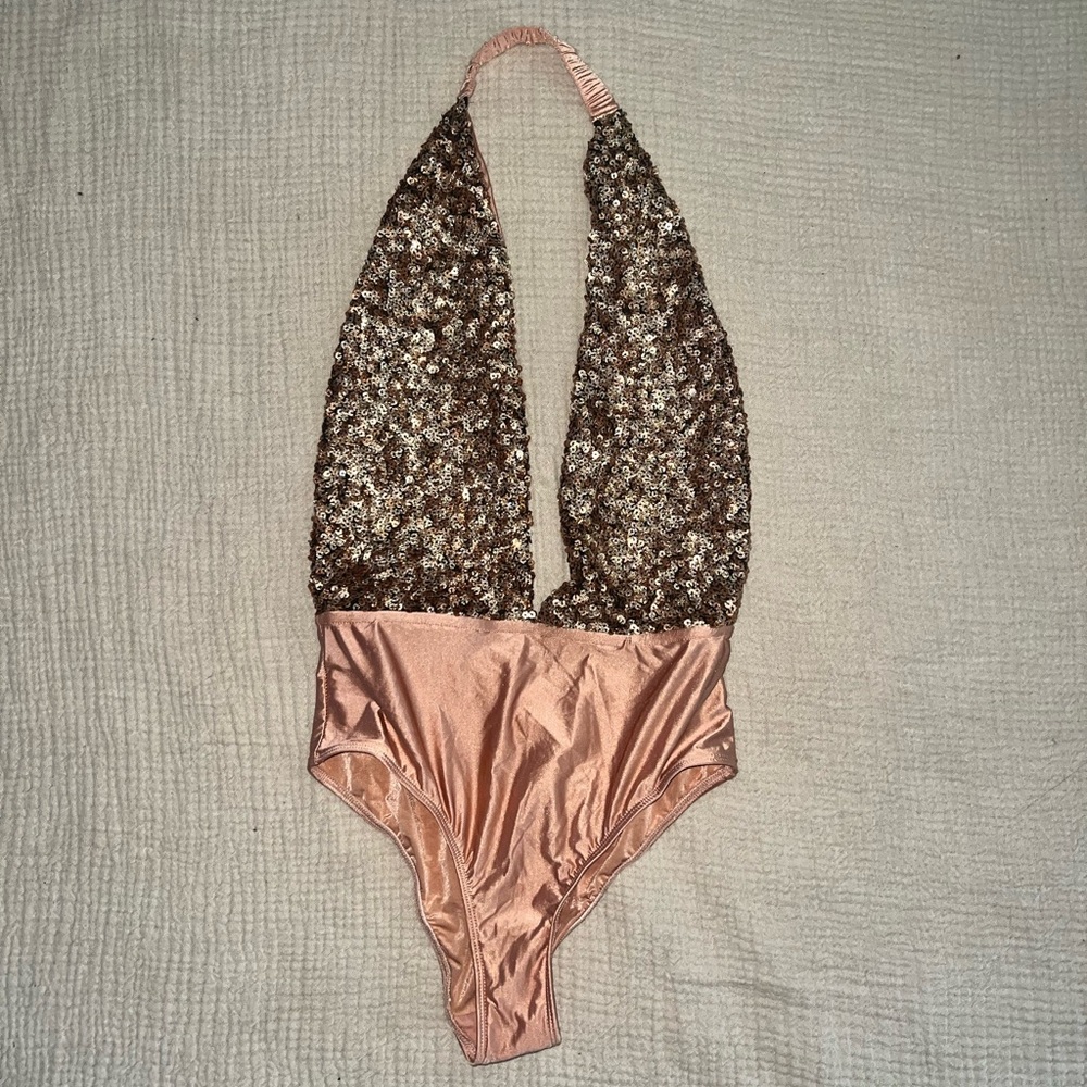 Urban Outfitters Glittering Halter Bodysuit in Pink and Brown